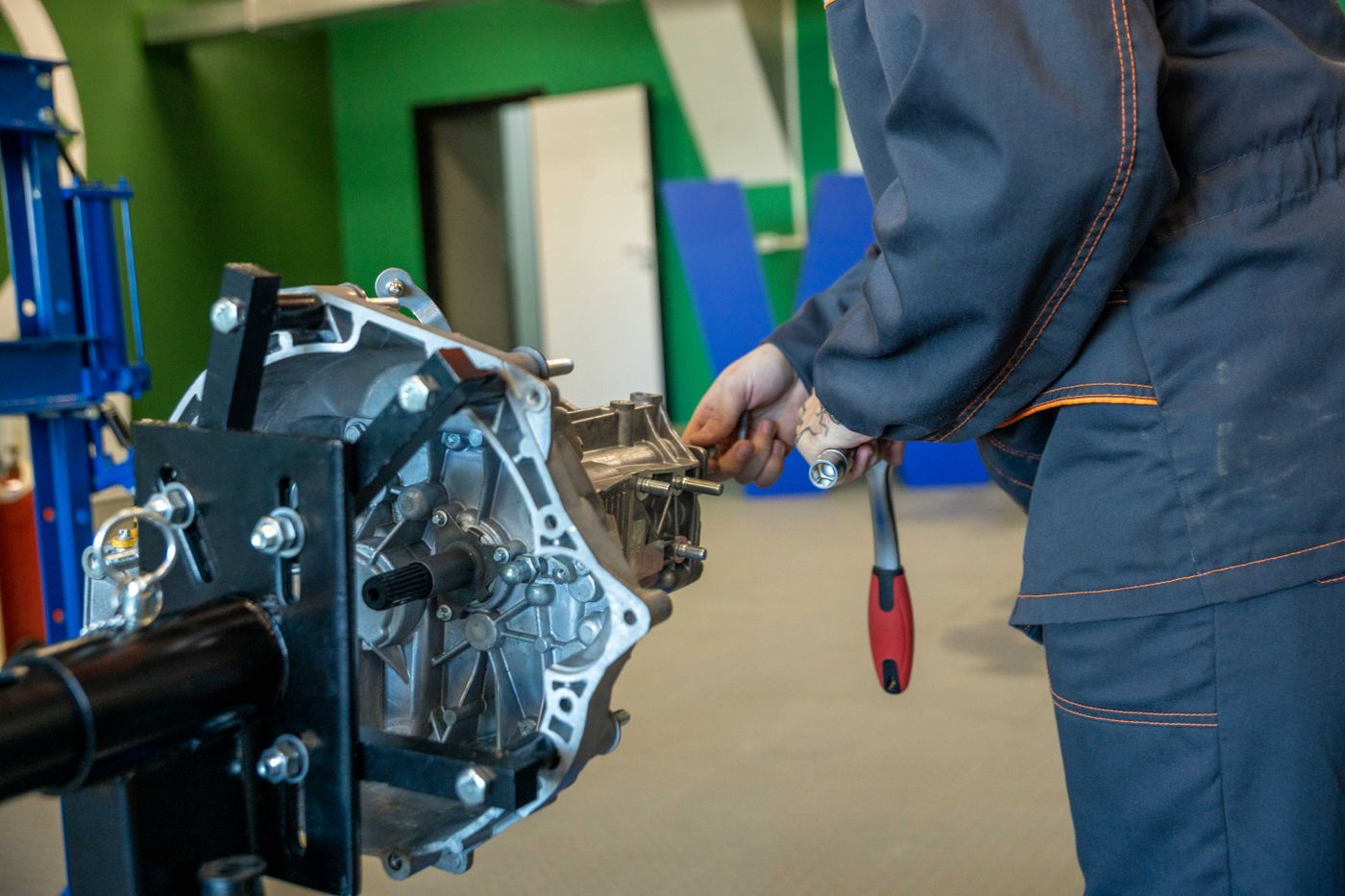 Close-up of a transmission housing and drive shaft; illustrative drivetrain photography