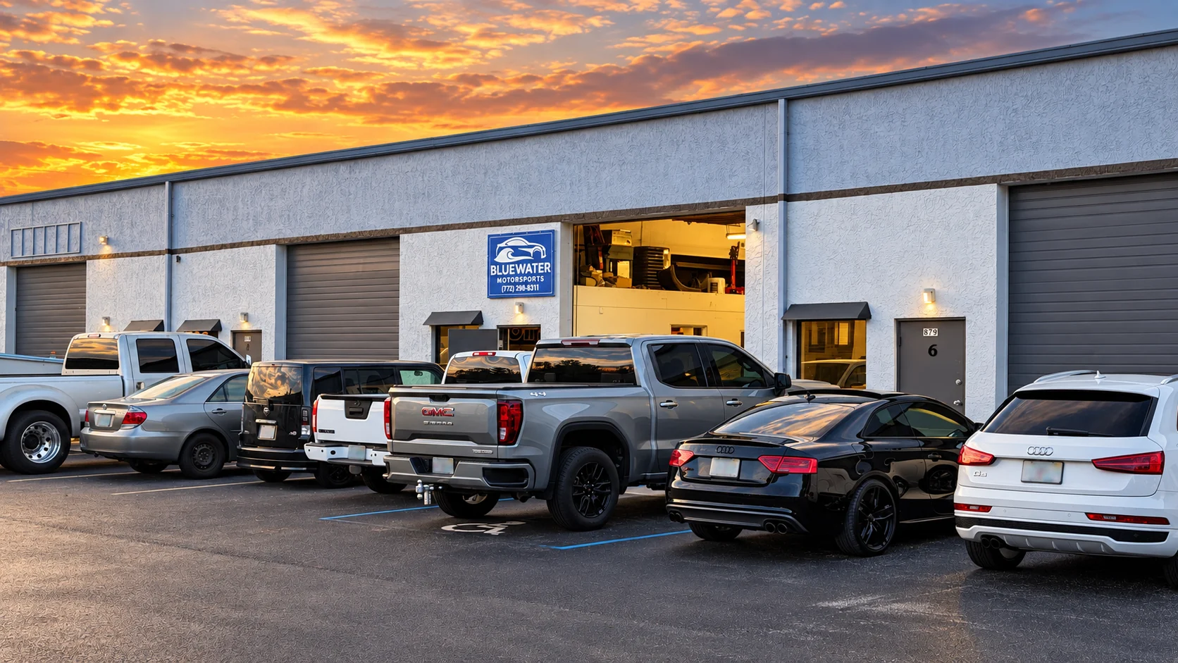 Blue Water Motorsports building and customer vehicles at sunset